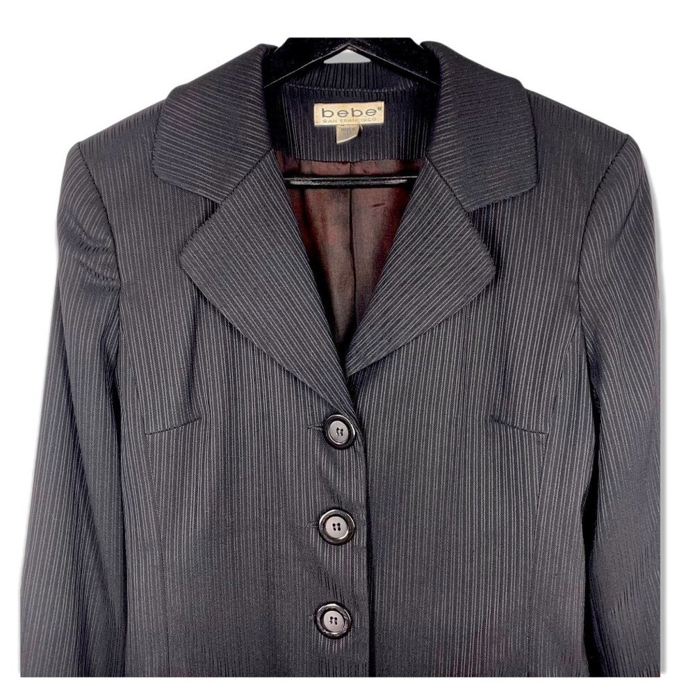 Vintage 90s Bebe Black Double Pin Stripe Longline Blazer Medium - Picture 2 of 11